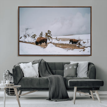 60308289-MGV-CV-36X24-Bison Wildlife Wall Art Canvas Print, Framed Snowy Prairie Art Picture Print, Western Landscape Perfect Rustic Winter Decor