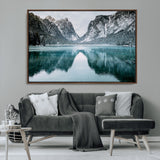73098373-MGV-CV-36X24-Mountain Lake Wall Art Canvas Print, Framed Winter Wonderland Art Picture Print, Snowy Peaks Perfect Modern Nature Decor Artwork
