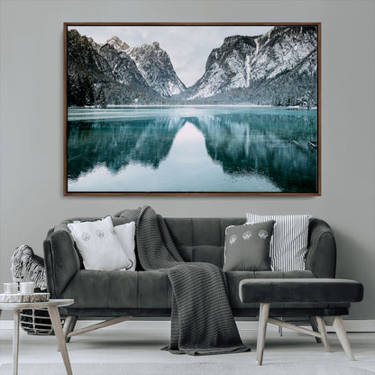 73098373-MGV-CV-36X24-Mountain Lake Wall Art Canvas Print, Framed Winter Wonderland Art Picture Print, Snowy Peaks Perfect Modern Nature Decor Artwork