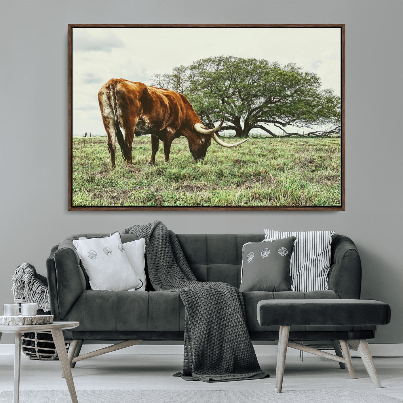 91866234-MGV-CV-36X24-Texas Longhorn Wall Art Canvas Print, Framed Rustic Ranch Art Picture Print, Western Cattle Perfect Rustic Farmhouse Decor Artwork
