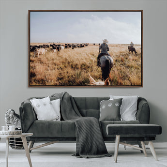 22431577-MGV-CV-36X24-Western Wall Art Wall Art Canvas Print, Framed Cowboy Canvas Art Picture Print, Cattle Drive Scene Perfect Rustic Western Decor
