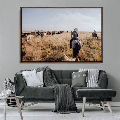 22431577-MGV-CV-36X24-Western Wall Art Wall Art Canvas Print, Framed Cowboy Canvas Art Picture Print, Cattle Drive Scene Perfect Rustic Western Decor