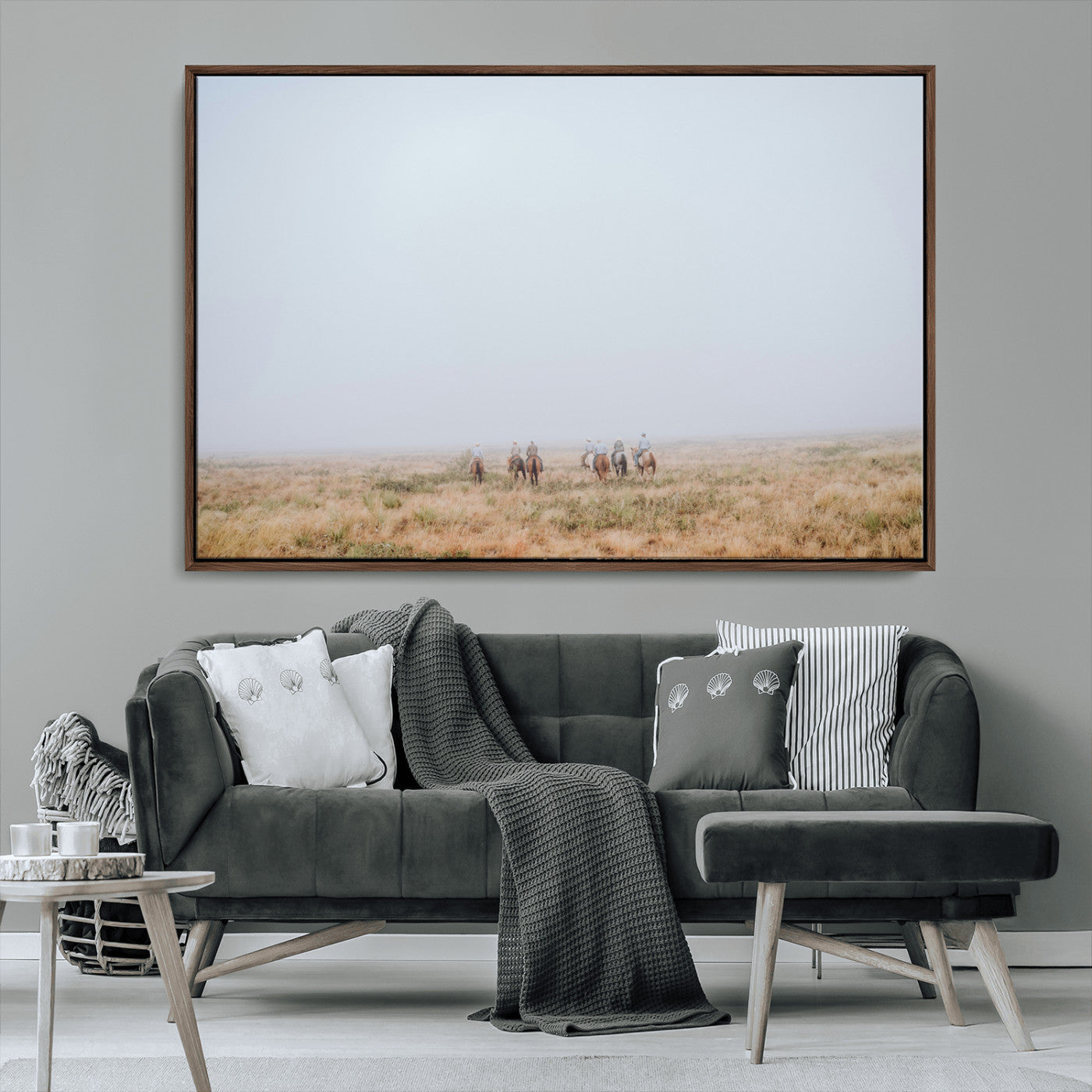 14761944-MGV-CV-36X24-Foggy Plains Wall Art Canvas Print, Framed Horseback Riders Art Picture Print, Rustic Western Perfect Rustic Western Decor Artwork