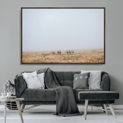 14761944-MGV-CV-36X24-Foggy Plains Wall Art Canvas Print, Framed Horseback Riders Art Picture Print, Rustic Western Perfect Rustic Western Decor Artwork