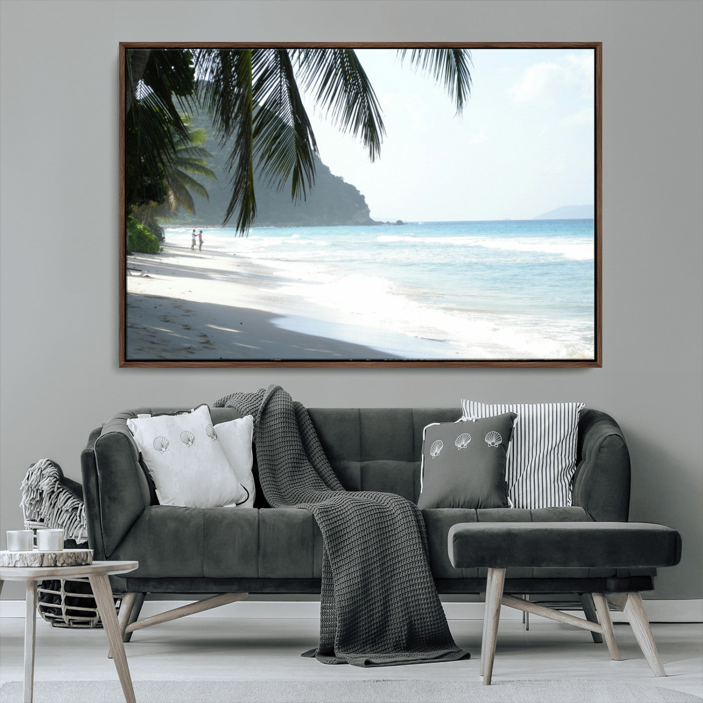18311030-MGV-FC-36X24_Walnut-Tropical Beach Wall Art Canvas Print, Framed Serene Ocean Art Picture Print, Palm Tree Shadows Perfect Tropical Coastal Decor