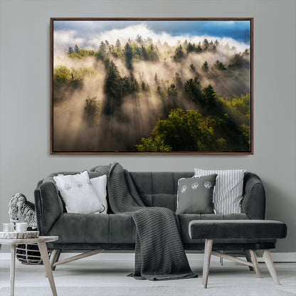 14785710-MGV-CV-36X24-Tranquil Forest Scene Wall Art Canvas Print, Framed Sunbeam Through Trees Art Picture Print, Moody Green Wall Art Perfect