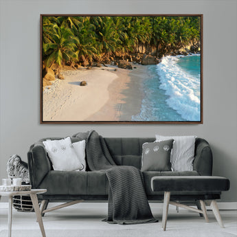 82312665-MGV-CV-36X24-Tropical Beach Wall Art Canvas Print, Framed Ocean Waves Art Picture Print, Palm Trees Perfect Coastal Minimalist Decor Artwork