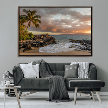 55108220-MGV-CV-36X24-Tropical Beach Wall Art Canvas Print, Framed Hawaiian Sunset Art Picture Print, Ocean Waves Perfect Coastal Tropical Decor Artwork