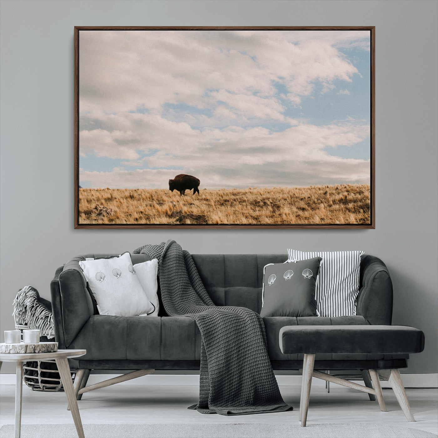 22754563-MGV-CV-36X24-Earthy Tones Wall Art Canvas Print, Framed Rustic Nature Art Picture Print, Solitary Buffalo Perfect Western Minimalist Decor