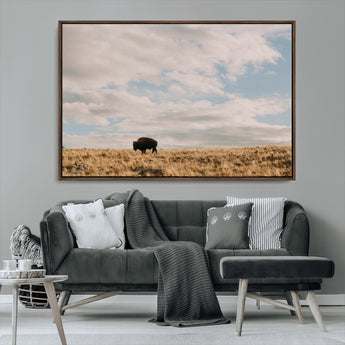 22754563-MGV-CV-36X24-Earthy Tones Wall Art Canvas Print, Framed Rustic Nature Art Picture Print, Solitary Buffalo Perfect Western Minimalist Decor