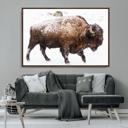 94261165-MGV-CV-36X24-Snowy Buffalo Wall Art Canvas Print, Framed Wildlife Photography Art Picture Print, Brown Tones Perfect Rustic Lodge Decor Decor