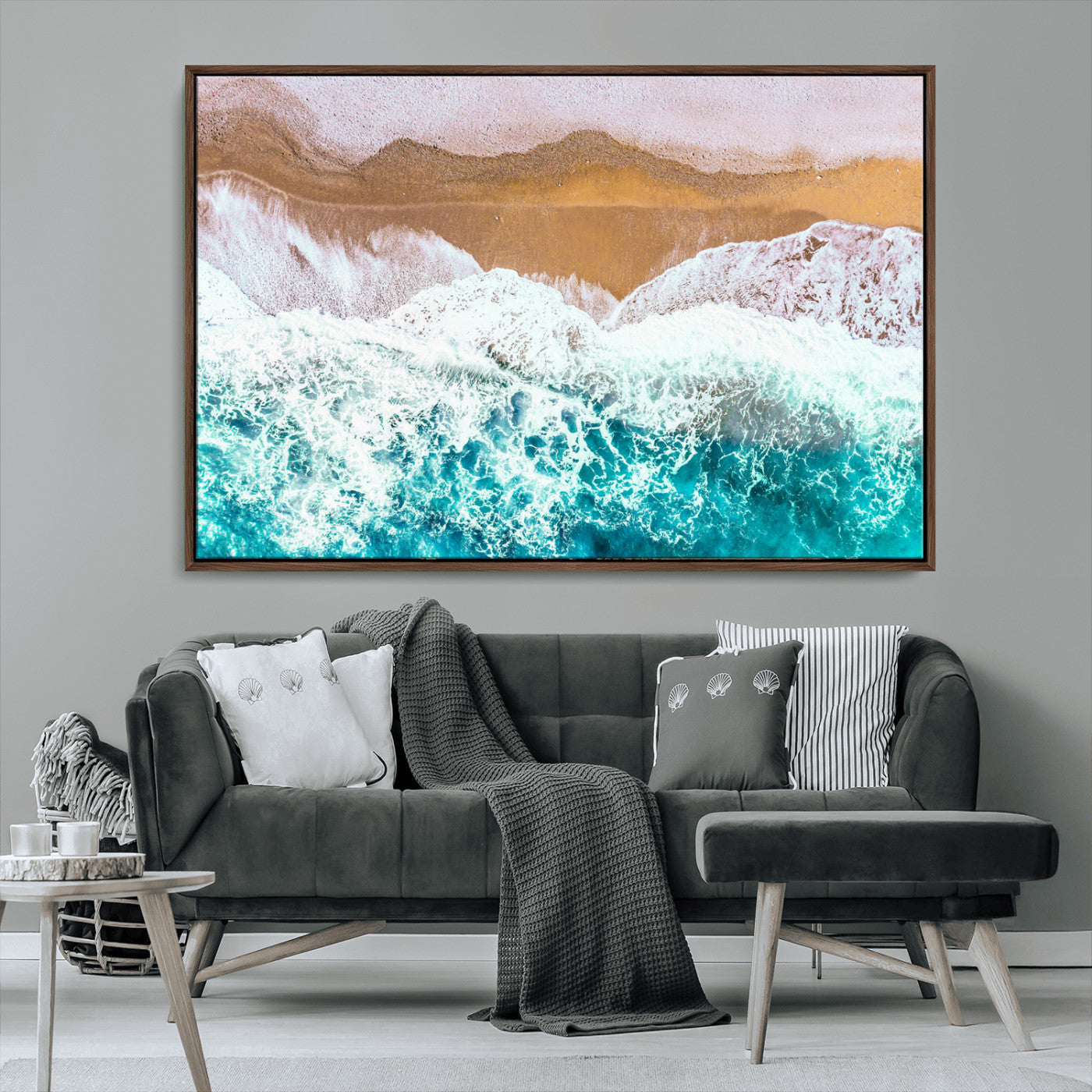 26870666-MGV-CV-36X24-Aerial Beach Wall Art Canvas Print, Framed Ocean Waves Art Picture Print, Coastal Landscape Perfect Coastal Minimalist Decor