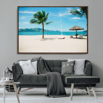 42623350-MGV-CV-36X24-Tropical Beach Wall Art Canvas Print, Framed Palm Tree Art Picture Print, Ocean View Perfect Tropical Coastal Decor Artwork