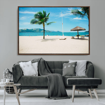 42623350-MGV-CV-36X24-Tropical Beach Wall Art Canvas Print, Framed Palm Tree Art Picture Print, Ocean View Perfect Tropical Coastal Decor Artwork
