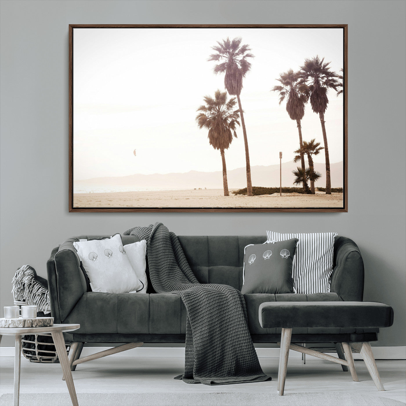 48255923-MGV-FC-36X24_Walnut-Coastal Light Wall Art Canvas Print, Framed Relaxing Shoreline Art Picture Print, Minimalist Ocean Perfect Tropical Serenity Decor
