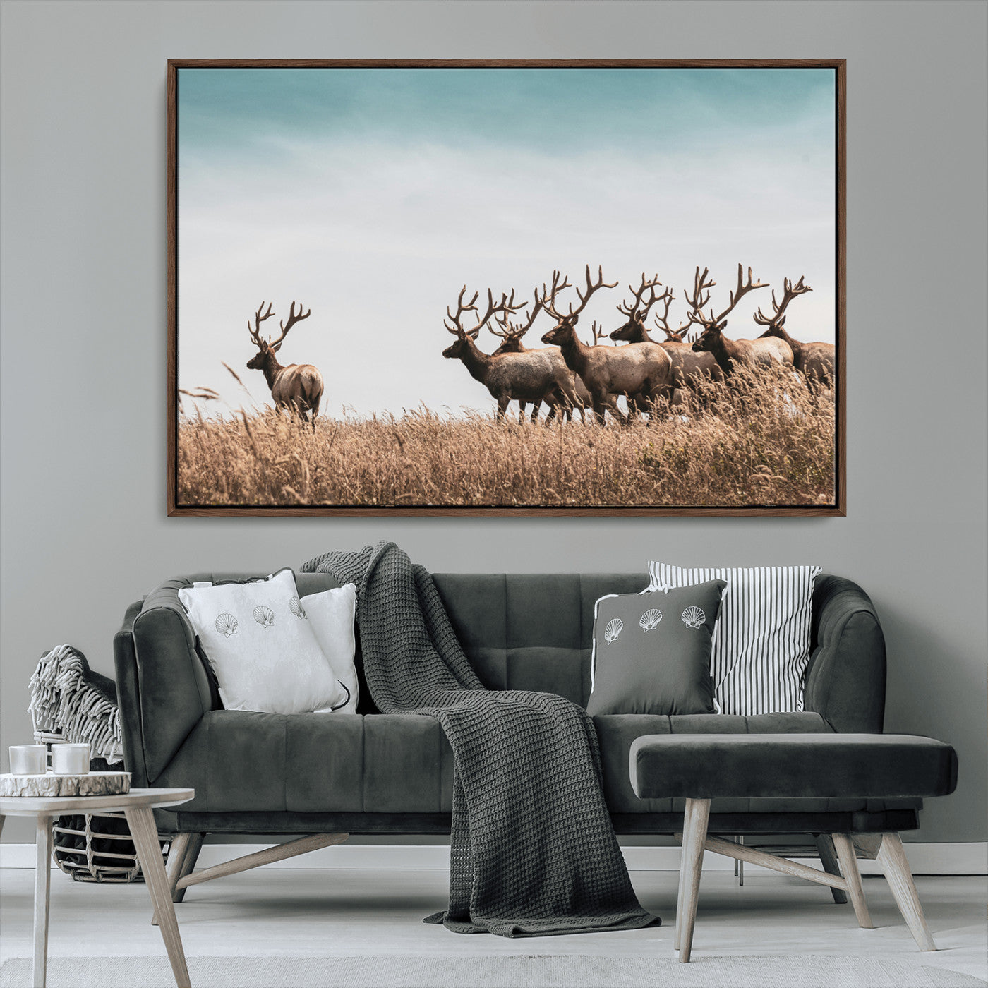 81594705-MGV-FC-36X24_Walnut-Elk Herd Wall Art Canvas Print, Framed Wildlife Photography Art Picture Print, Rustic Nature Print Perfect Rustic Wildlife Decor