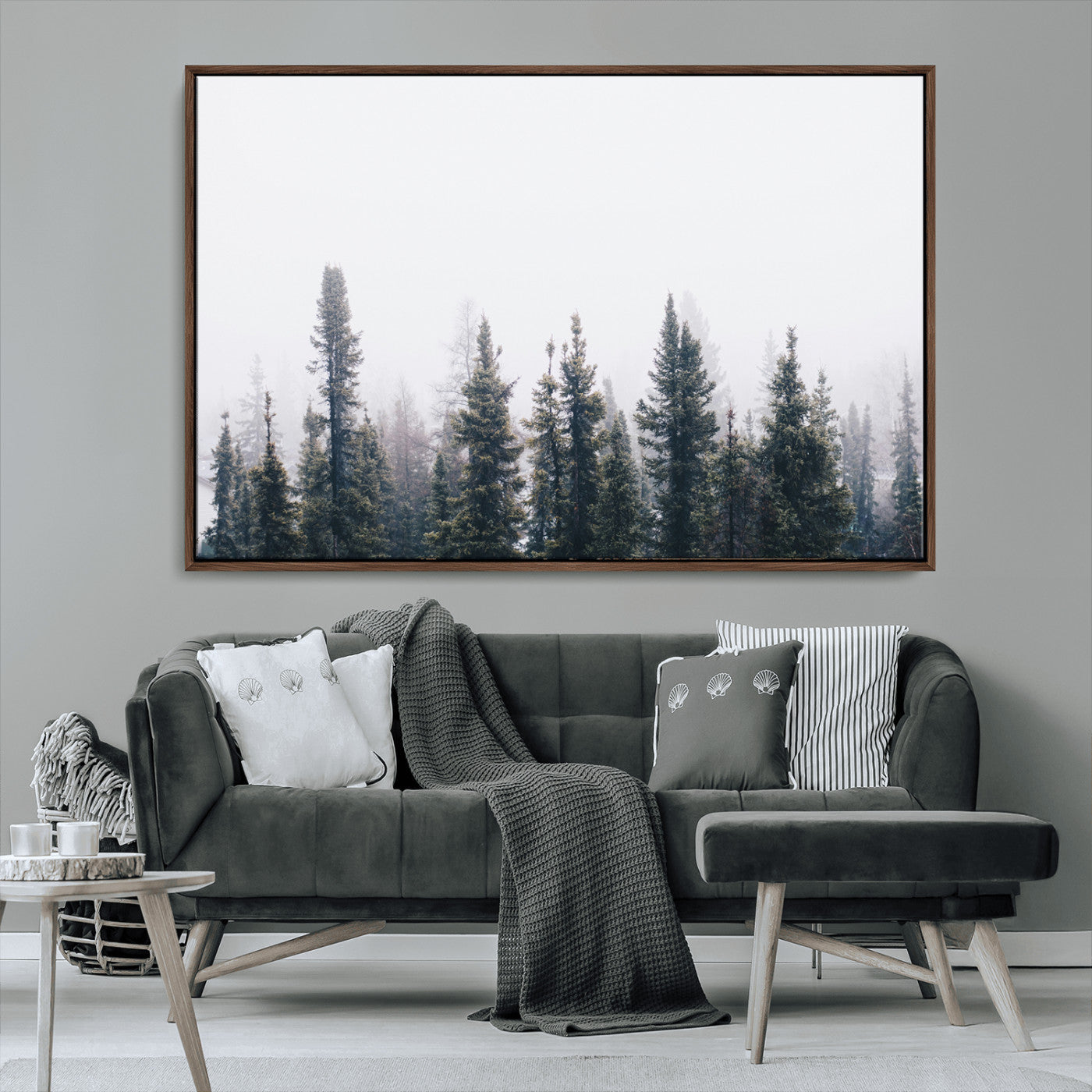 42364796-MGV-CV-36X24-Foggy Forest Wall Art Canvas Print, Framed Misty Pines Art Picture Print, Moody Woodland Perfect Scandinavian Minimalist Decor