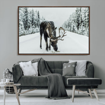 13316292-MGV-CV-36X24-Moose in Snow Wall Art Canvas Print, Framed Winter Wildlife Art Picture Print, Snowy Forest Scene Perfect Rustic Lodge Decor
