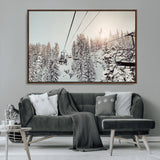 91534512-MGV-CV-36X24-Frosty Pines Wall Art Canvas Print, Framed Cozy Cabin View Art Picture Print, Ski Lift Ride Perfect Rustic Lodge Decor Artwork