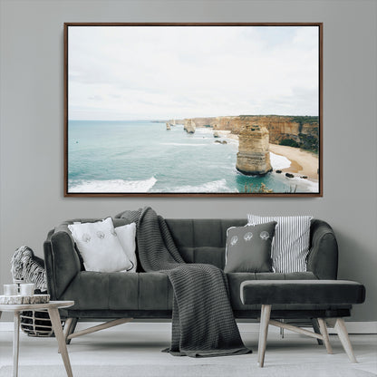 70095633-MGV-CV-36X24-Twelve Apostles Wall Art Canvas Print, Framed Coastal Cliffs Art Picture Print, Rugged Rock Formations Perfect Minimalist Coastal