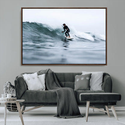 11693607-MGV-CV-36X24-Surfer on Wave Wall Art Canvas Print, Framed Ocean Adventure Art Picture Print, Motion Blur Water Perfect Coastal Adventure Decor