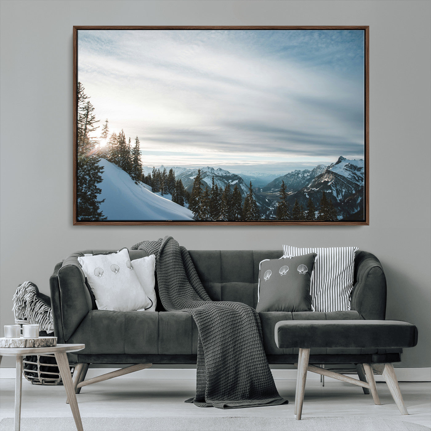 55564749-MGV-FC-36X24_Walnut-Snowy Mountains Wall Art Canvas Print, Framed Alpine Landscape Art Picture Print, Frosty Peaks Perfect Nordic Minimalist Decor