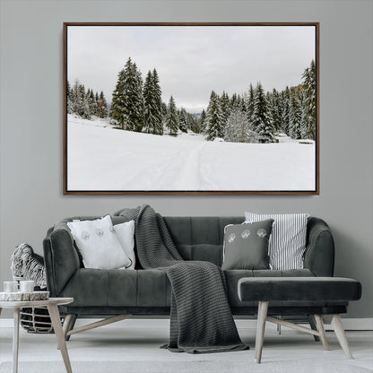 24581417-MGV-CV-36X24-Frosty Pines Wall Art Canvas Print, Framed Silent Snowfall Art Picture Print, Cozy Cabin Vibes Perfect Nordic Minimalist Decor
