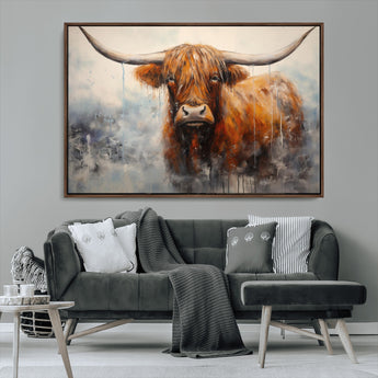 X61001-MGV-CV-36X24-Scottish Highland Wall Art Canvas Print, Framed Longhorn Art Picture Print, Western Cow Perfect Farmhouse Decor Artwork