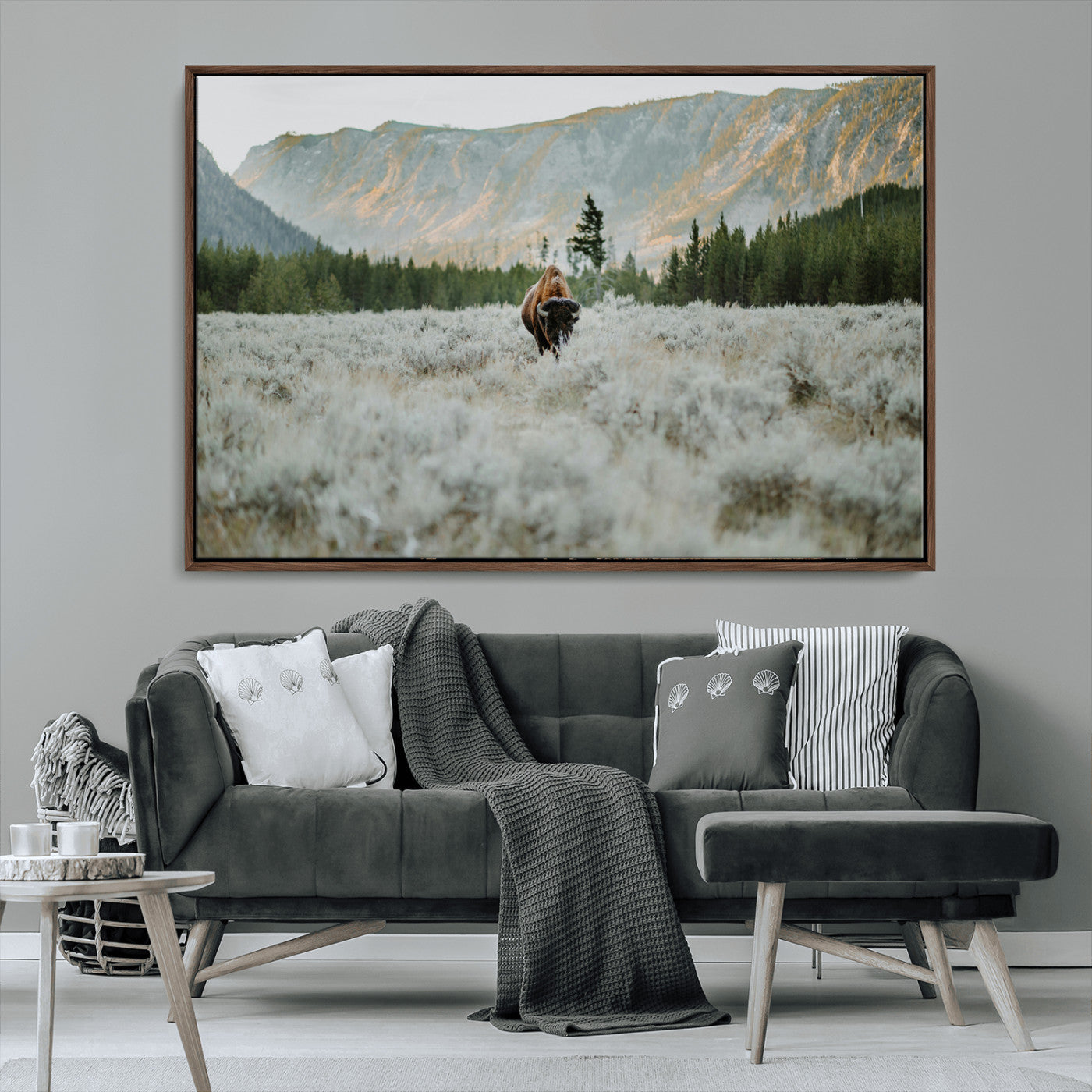 41674074-MGV-FC-36X24_Walnut-Bison Wall Art – American Buffalo Wildlife Photography Canvas Print, Western Mountain Landscape Artwork Rustic Nature Decor for