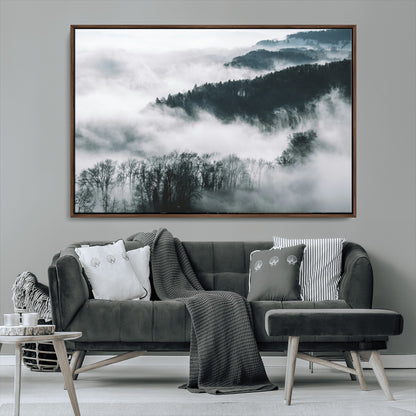 67569654-MGV-CV-36X24-Foggy Forest Wall Art – Mist Covered Hills and Trees Landscape Canvas Print, Moody Nature Photography Decor for Living Room,