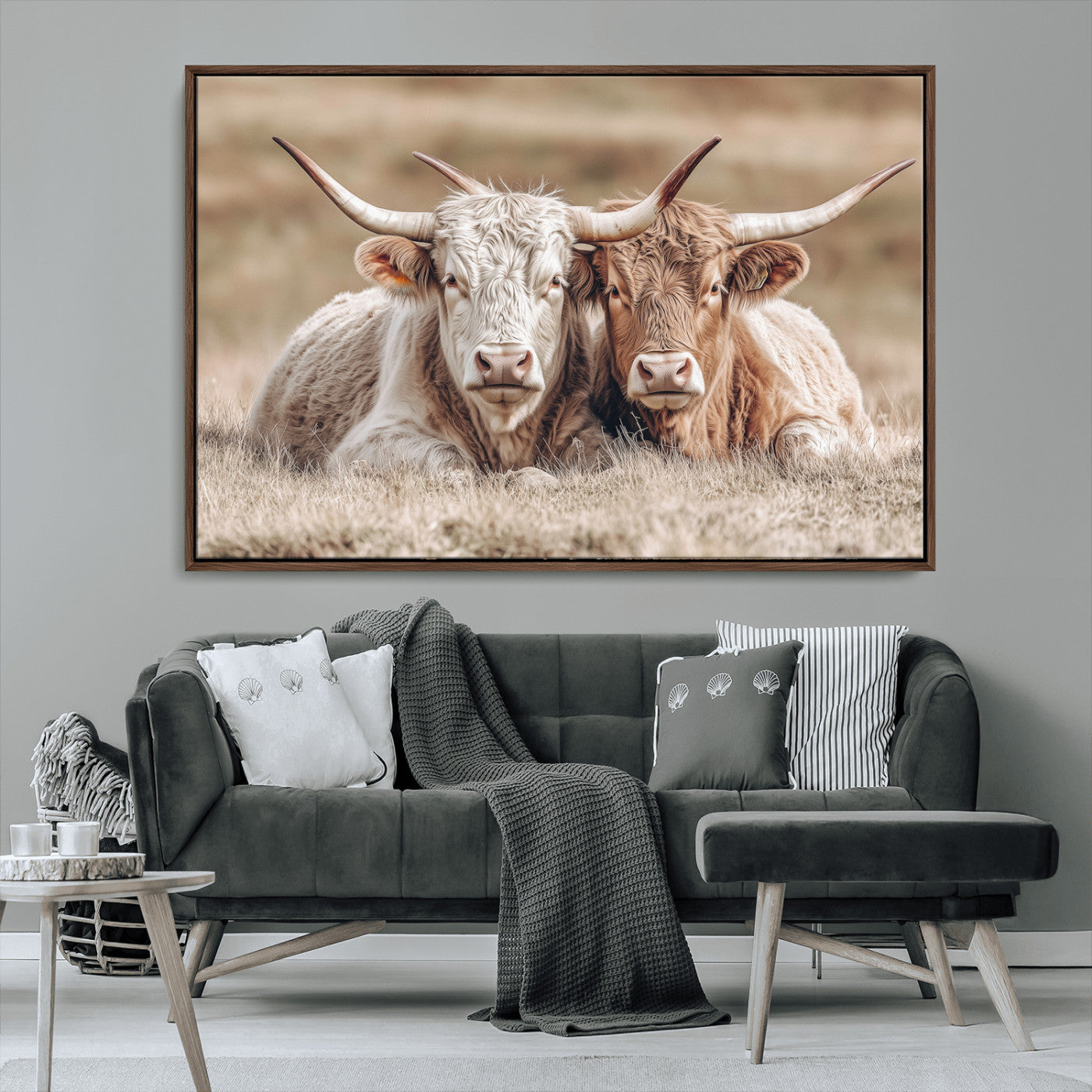 38651722-MGV-CV-36X24-Cow Wall Art – Rustic Longhorn Pair Canvas Print, Western Farmhouse Animal Painting, Country Ranch Decor for Living Room, Bedroom,