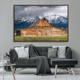 15173627-MGV-CV-36X24-Barn Wall Art – Rustic Wooden Cabin Canvas Print with Snowy Mountain Landscape, Western Farmhouse Country Decor for Living Room,