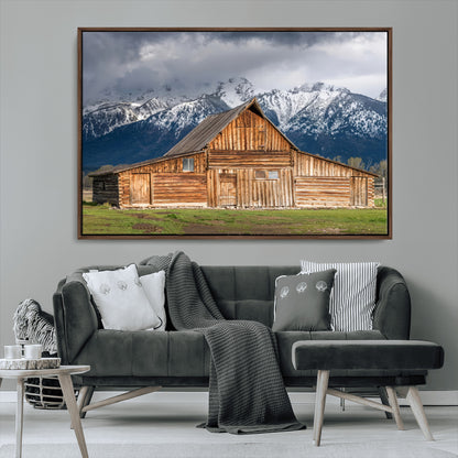15173627-MGV-CV-36X24-Barn Wall Art – Rustic Wooden Cabin Canvas Print with Snowy Mountain Landscape, Western Farmhouse Country Decor for Living Room,