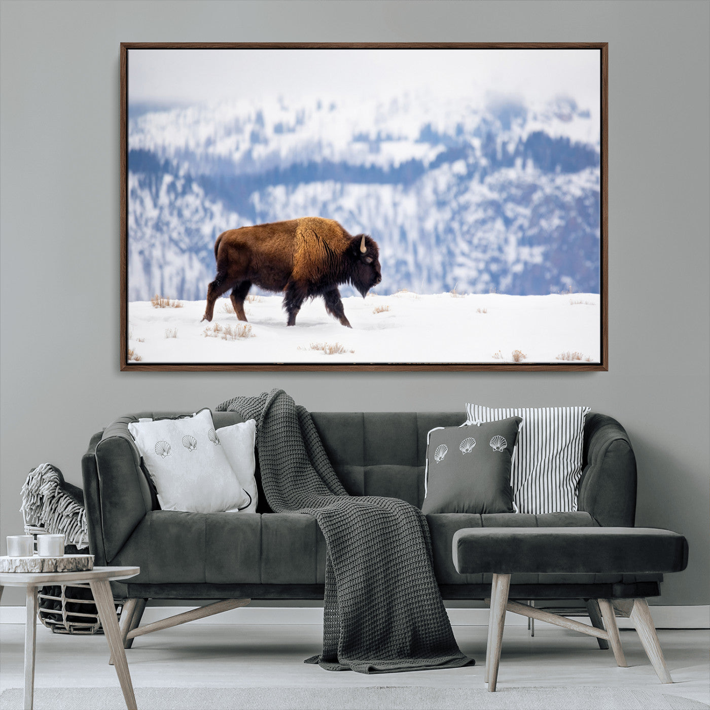 21623194-MGV-CV-36X24-Snow Bison Wall Art – Majestic Buffalo Wildlife Canvas Print, Winter Nature Décor for Rustic Living Room, Farmhouse, Cabin, Lodge