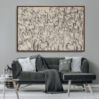 12358908-MGV-CV-36X24-Horse Herd Sketch Wall Art – Abstract Wild Horses Line Drawing Canvas Print, Rustic Western Style Equestrian Decor for Living