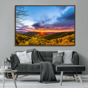 25786346-MGV-FC-36X24_Walnut-Sunset Over Mountains Wall Art – Nature Landscape Canvas Print, Golden Hour Forest Photography, Scenic Sunrise Artwork for Living