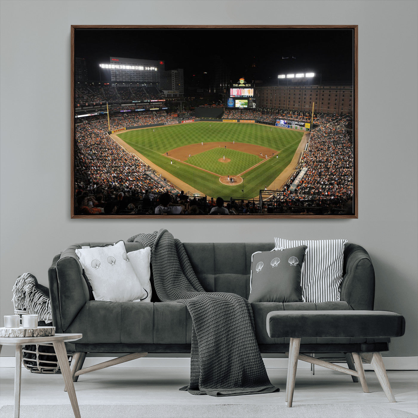26445161-MGV-FC-36X24_Walnut-Baseball Stadium at Night – Panoramic Ballpark Canvas Wall Art, Sports Decor for Man Cave, Office, Game Room, Sports Bar, Baseball