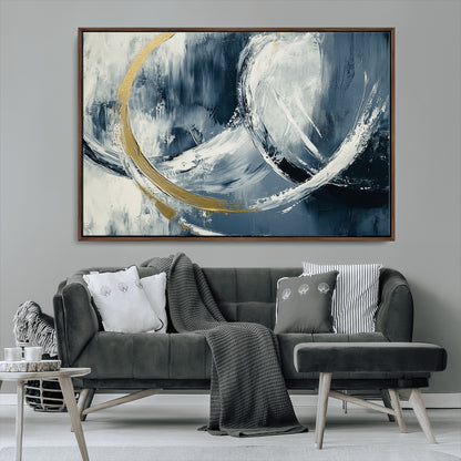 97295757-MGV-FC-36X24_Walnut-Abstract Blue and Gold Wall Art – Modern Luxury Canvas Print, Navy White Brushstroke Painting, Contemporary Living Room Office