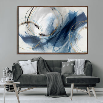 49589477-MGV-FC-36X24_Walnut-Blue Abstract Wall Art – Modern Circle Canvas Print with Gold and Black Accents, Contemporary Fluid Brushstroke Painting for