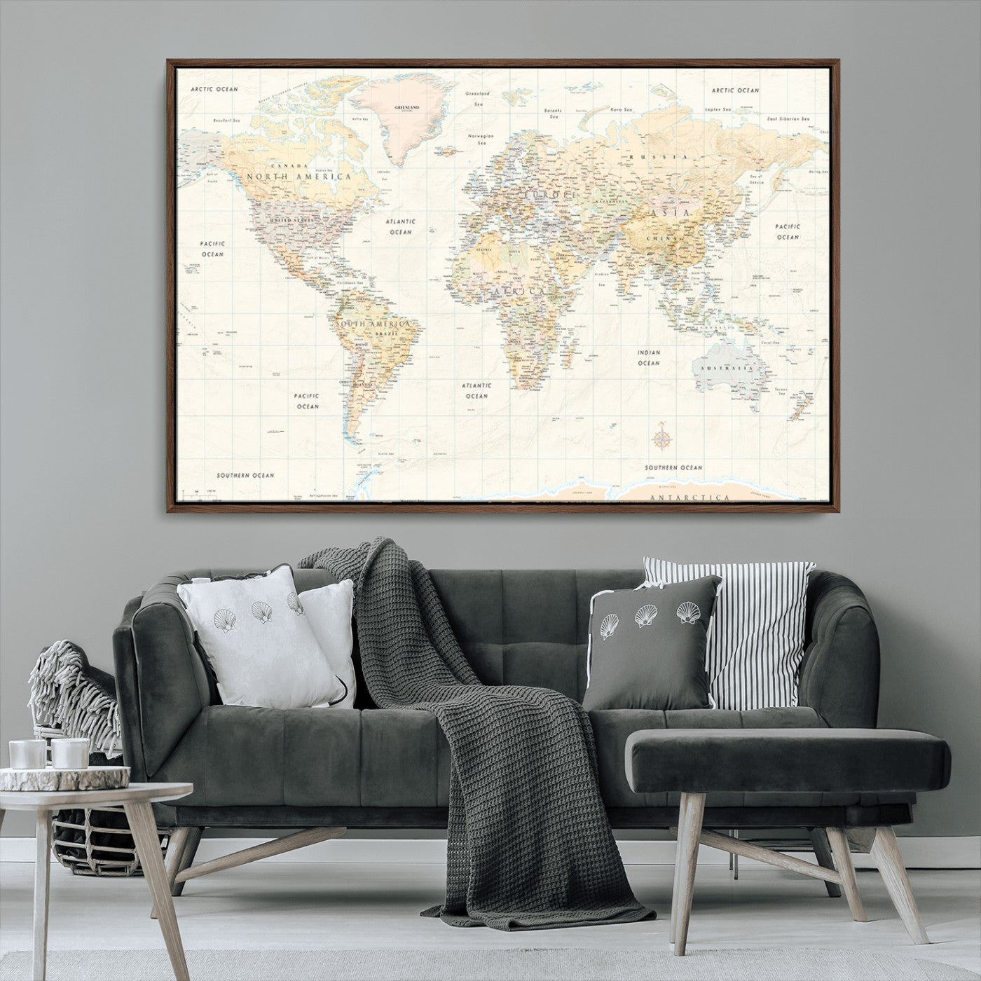 40660043-MGV-FC-36X24_Walnut-World Map Wall Art – Large Detailed Atlas Style Map Print with Countries, Cities, and Oceans, Neutral Beige and Tan Educational