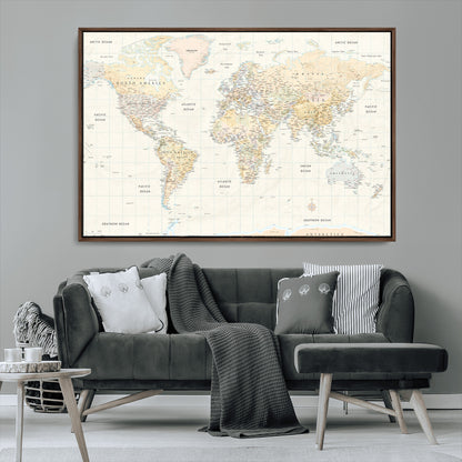 40660043-MGV-FC-36X24_Walnut-World Map Wall Art – Large Detailed Atlas Style Map Print with Countries, Cities, and Oceans, Neutral Beige and Tan Educational