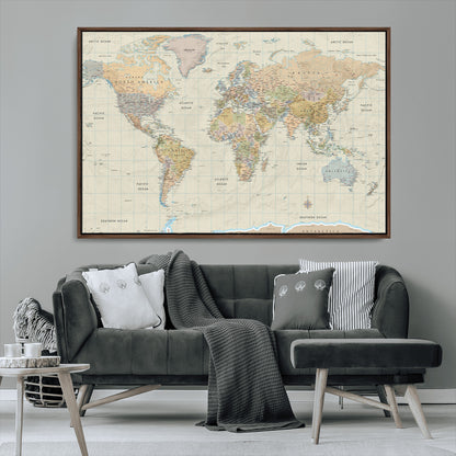 41929777-MGV-CV-36X24-World Map Wall Art – Large Detailed Political Atlas Style Map Print with Countries, Cities, and Oceans, Warm Earth Tone