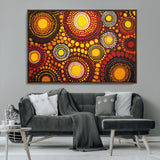 81120549-MGV-CV-36X24-Abstract Dot Painting Wall Art – Vibrant Tribal Boho Style Canvas Print with Sunburst Mandala Circles in Warm Red, Yellow, Orange