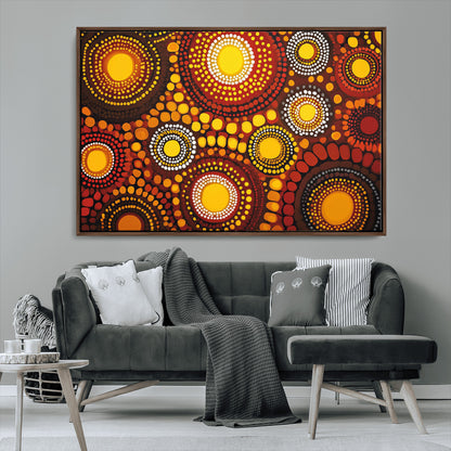 81120549-MGV-CV-36X24-Abstract Dot Painting Wall Art – Vibrant Tribal Boho Style Canvas Print with Sunburst Mandala Circles in Warm Red, Yellow, Orange