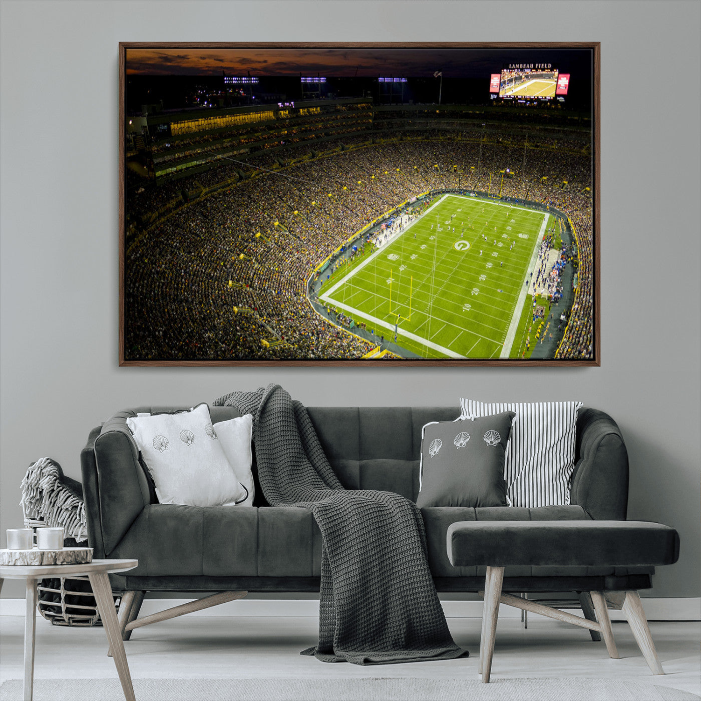 23655234-MGV-CV-36X24-Lambeau Field Stadium Wall Art – American Football Night Game Canvas Print with Packed Crowd and Lights – Sports Decor for Man