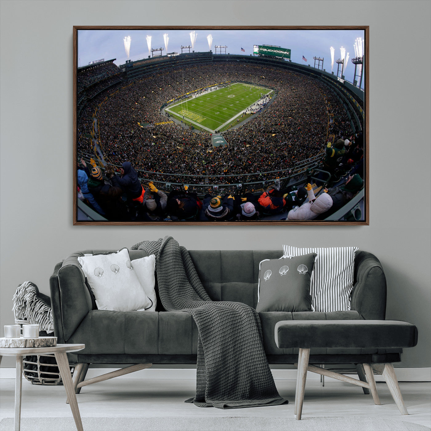14387817-MGV-FC-36X24_Walnut-Lambeau Field Stadium Wall Art – Green Bay Packers Game Day Canvas Print with Fireworks and Crowd – NFL Football Fan Man Cave