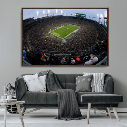 14387817-MGV-FC-36X24_Walnut-Lambeau Field Stadium Wall Art – Green Bay Packers Game Day Canvas Print with Fireworks and Crowd – NFL Football Fan Man Cave
