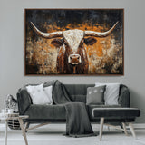 25265572-MGV-CV-36X24-Longhorn Bull Wall Art – Rustic Western Texas Steer Canvas Print, Textured Animal Painting for Home, Office, Man Cave or Farmhouse
