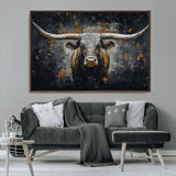 93195031-MGV-CV-36X24-Dark Longhorn Bull Wall Art – Western Steer Canvas Print, Moody Rustic Animal Painting for Man Cave, Ranch House, Office or Modern