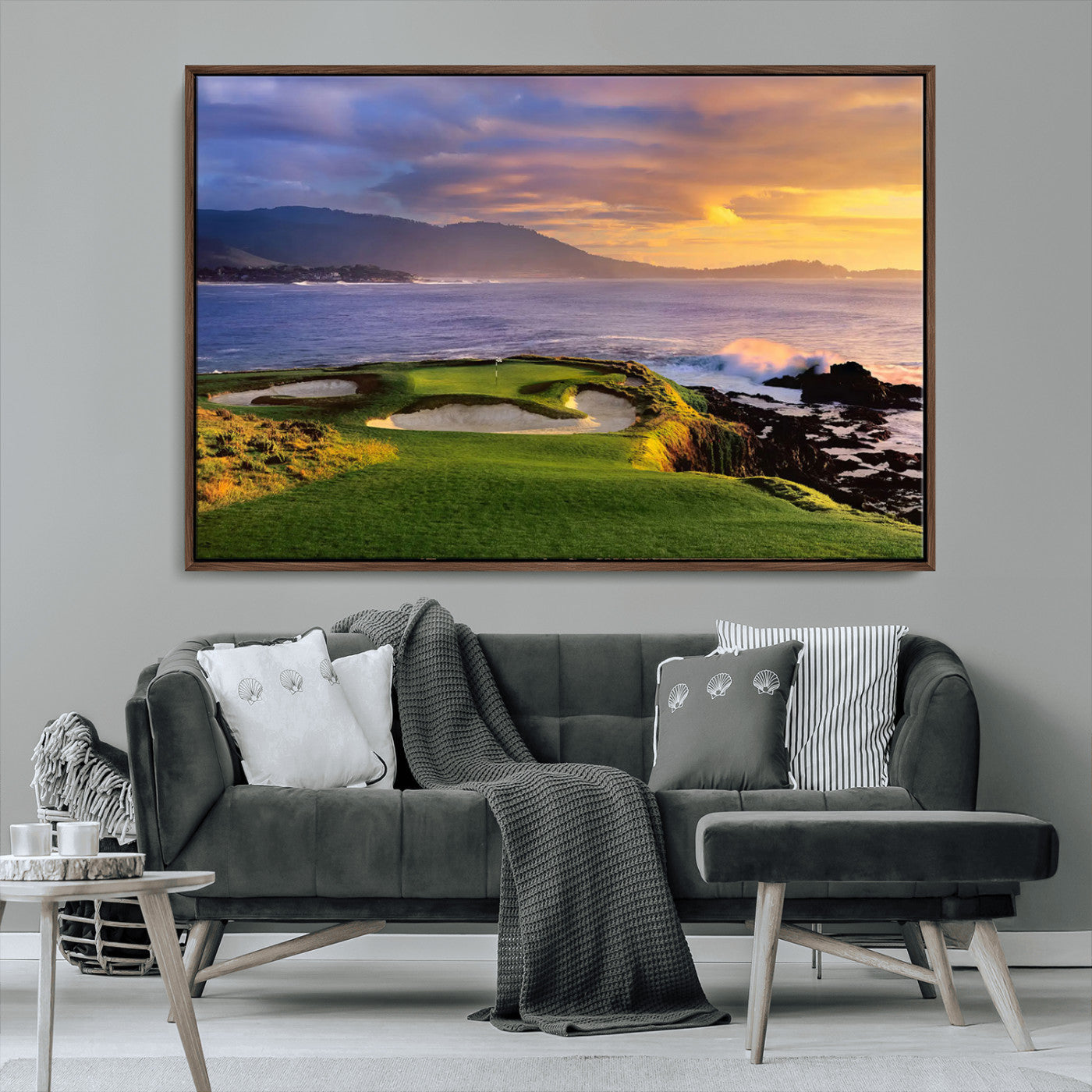39644075-MGV-FC-36X24_Walnut-Golf Course Wall Art – Coastal Sunset Canvas Print, Scenic Oceanfront Fairway Landscape Decor for Office, Man Cave, or Living Room